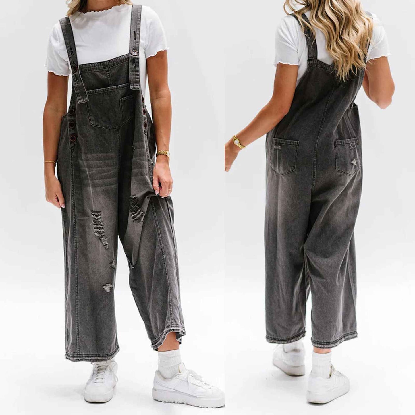 👖✨Salopette Donna di jeans Effetto Consumato Senza maniche Bottoni Gamba larga Tute femminili Primavera Estate Autunno