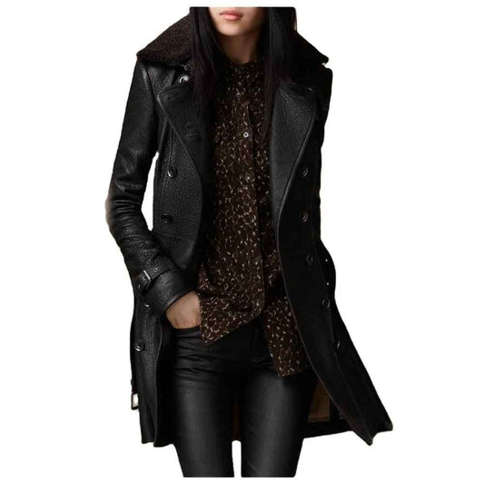 🔥Cappotto in pelle nera di alta qualità da donna, primavera autunno, slim, collo in pelliccia britannica, stile locomotiva