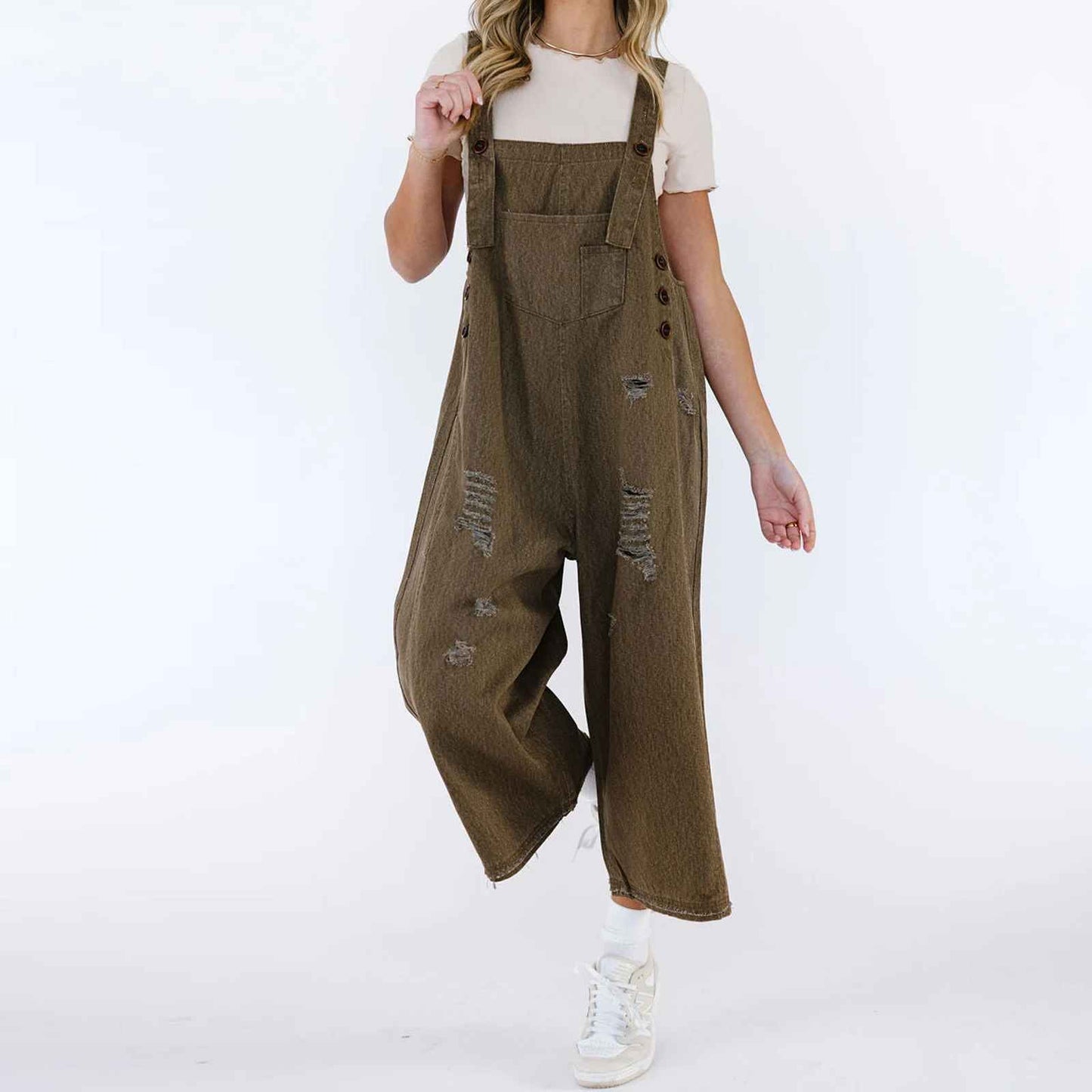 👖✨Salopette Donna di jeans Effetto Consumato Senza maniche Bottoni Gamba larga Tute femminili Primavera Estate Autunno