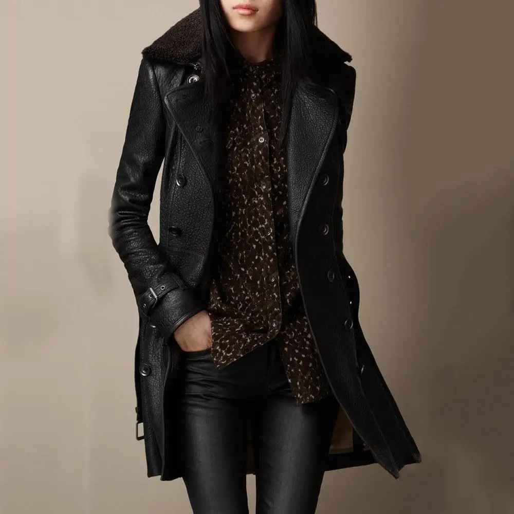🔥Cappotto in pelle nera di alta qualità da donna, primavera autunno, slim, collo in pelliccia britannica, stile locomotiva