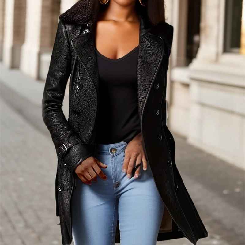 🔥Cappotto in pelle nera di alta qualità da donna, primavera autunno, slim, collo in pelliccia britannica, stile locomotiva