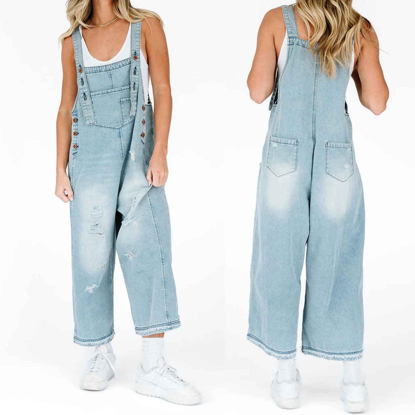 👖✨Salopette Donna di jeans Effetto Consumato Senza maniche Bottoni Gamba larga Tute femminili Primavera Estate Autunno