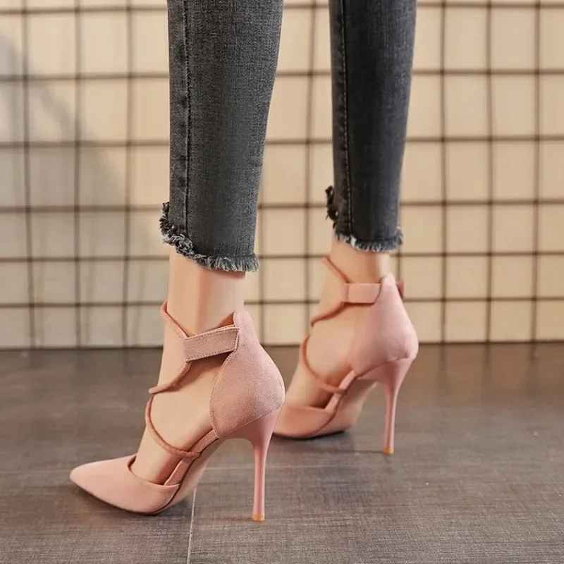 👠 Scarpe con tacco alto in pelle con cinturino incrociato scamosciata da donna con fibbia a una linea a punta con tacco fine Zaptos Mujer