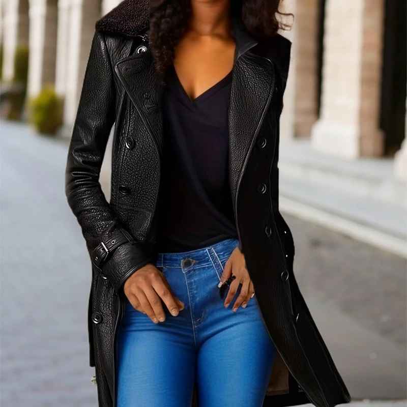 🔥Cappotto in pelle nera di alta qualità da donna, primavera autunno, slim, collo in pelliccia britannica, stile locomotiva