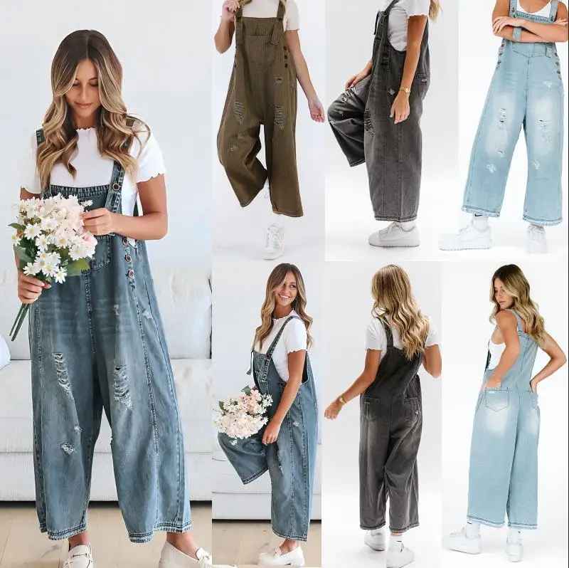 👖✨Salopette Donna di jeans Effetto Consumato Senza maniche Bottoni Gamba larga Tute femminili Primavera Estate Autunno