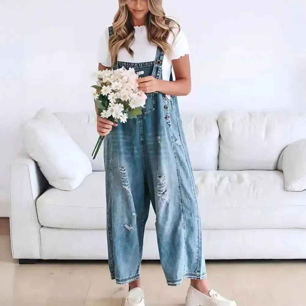 👖✨Salopette Donna di jeans Effetto Consumato Senza maniche Bottoni Gamba larga Tute femminili Primavera Estate Autunno