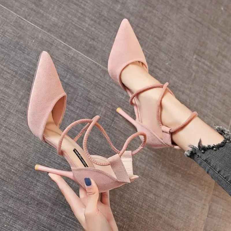 👠 Scarpe con tacco alto in pelle con cinturino incrociato scamosciata da donna con fibbia a una linea a punta con tacco fine Zaptos Mujer